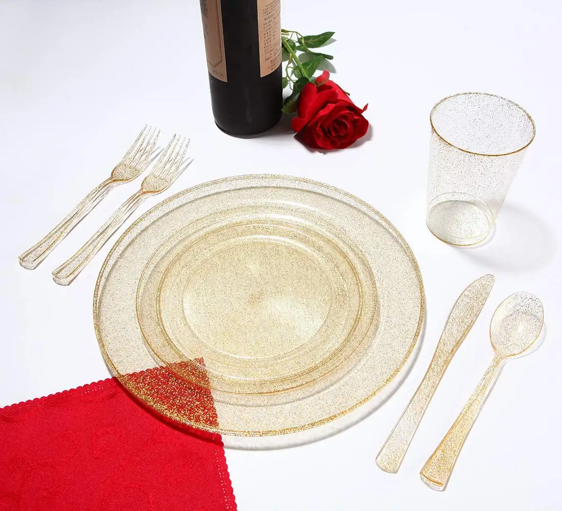 150 Pieces Gold Disposable Plates & Plastic Silverware & Cups,Gold