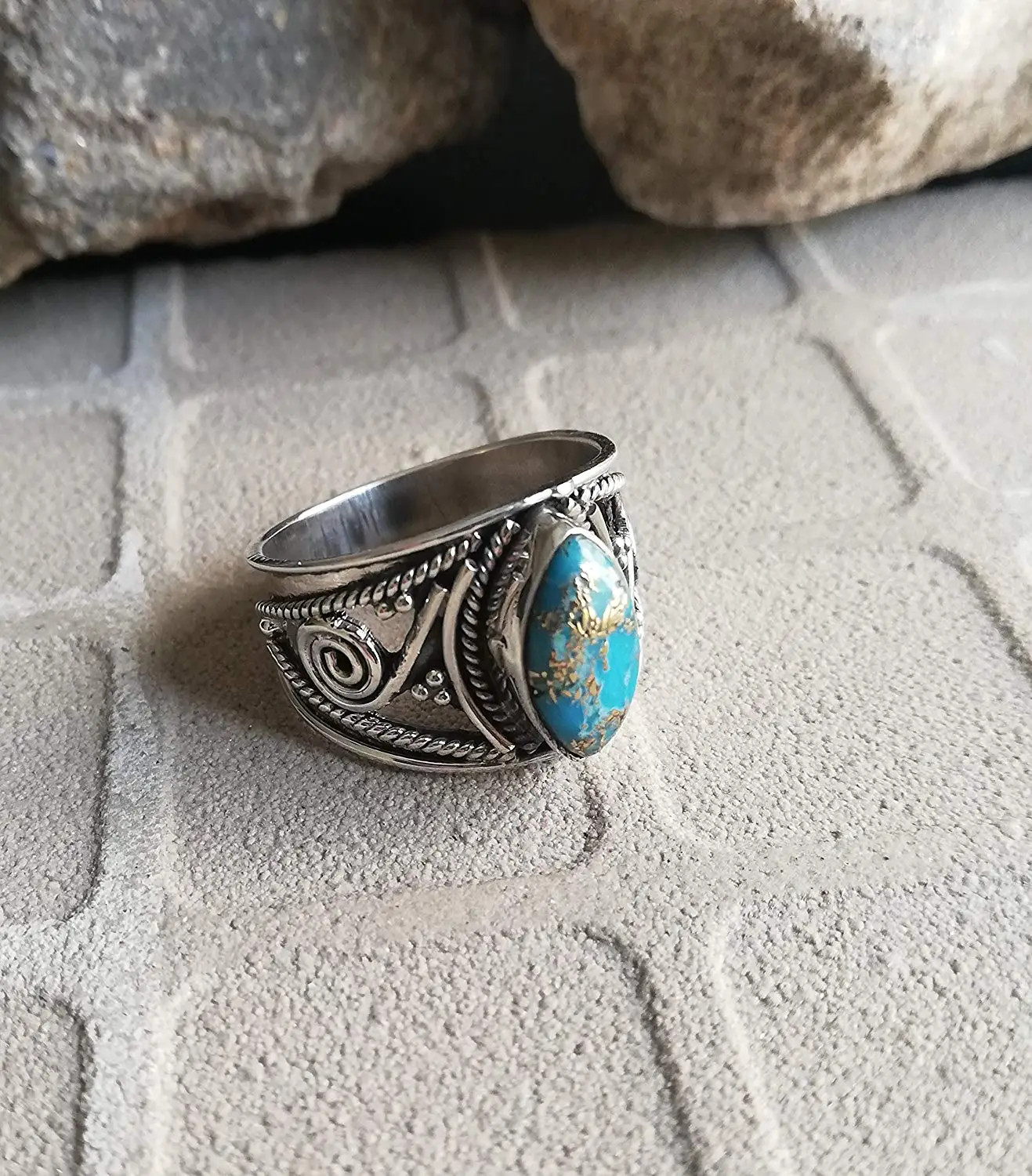 Blue Copper Turquoise Ring, 925 Sterling Silver, Wide Band Ring, Designer Ring, Marquise Shape Ring, Victorian Ring, One Of A Kind, Ocean Ring, Ethnic Ring, Western Ring, Healing Ring,US All Size Ring