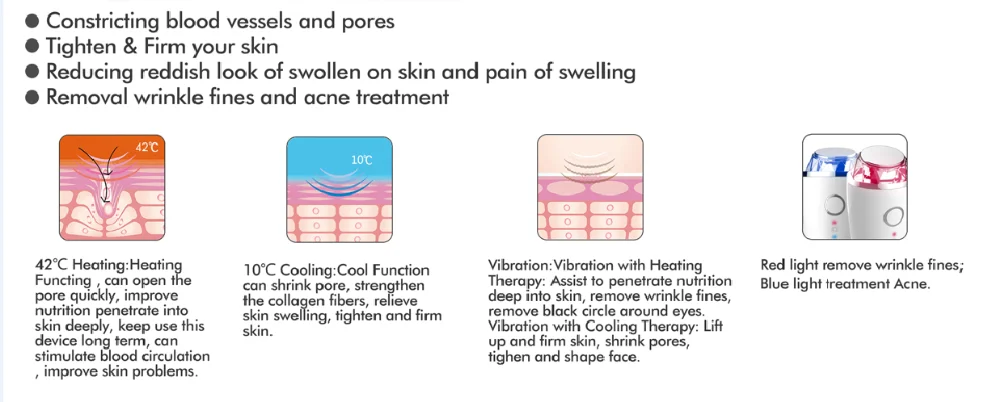 Red and blue led light photon therapy vibration hot cold facial massager for wrinkle removal skin rejuvenation