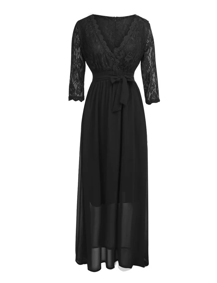 Hot Sale Black Loose Fit Lace Dress V-Neck Half Sleeve Long Evening Dress