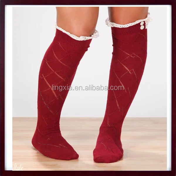 Lace Boot Socks Cotton Knee High Socks With Ivory Crocheted Lace Trim