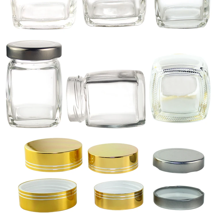 High quality 180ml 380ml clear elegant thick bottom honey packaging glass bottle sugar jar with gold aluminum cap