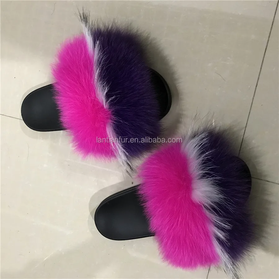big fox fur slippers