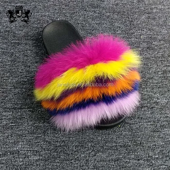 rainbow fur sandals