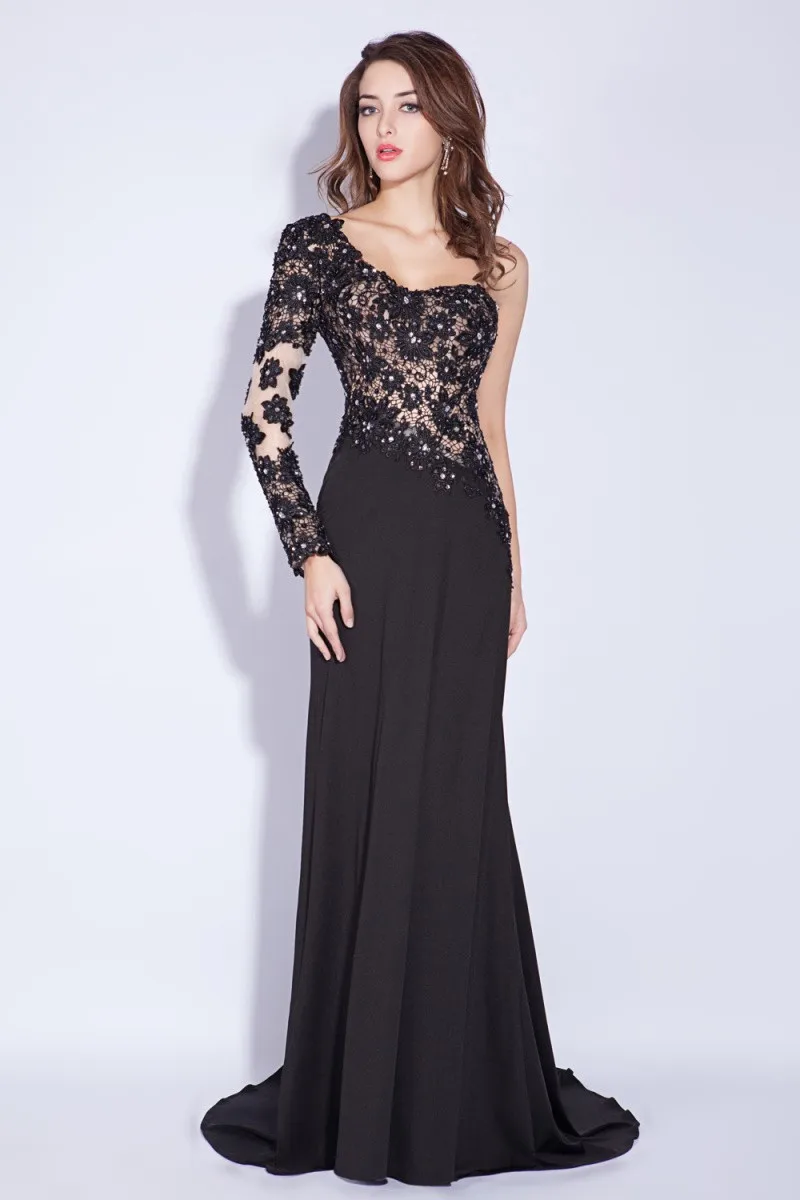 性感女性黑色晚礼服中国与蕾丝长袖舞会礼服