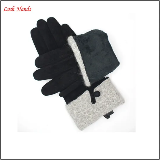 hot sales women's pigsuede leather gloves with kintted details