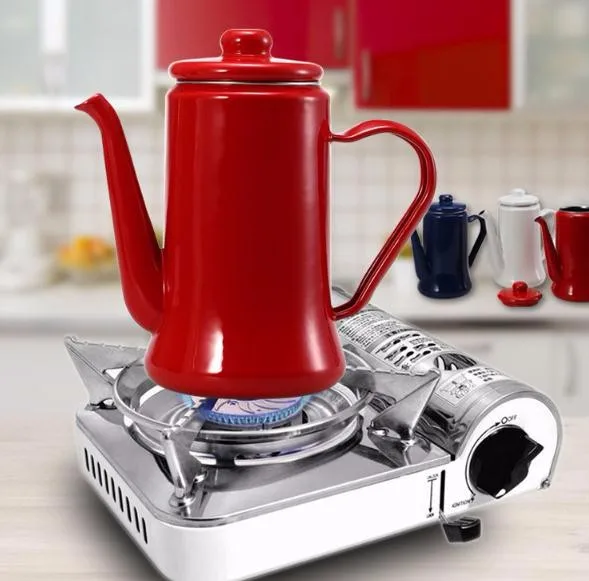Alta Calidad 1.1l Esmalte Pote Del Café A Mano Tetera De Té 1.1L Esmalte Cafetera Mano Tetera Hervidor de Agua Cocina de