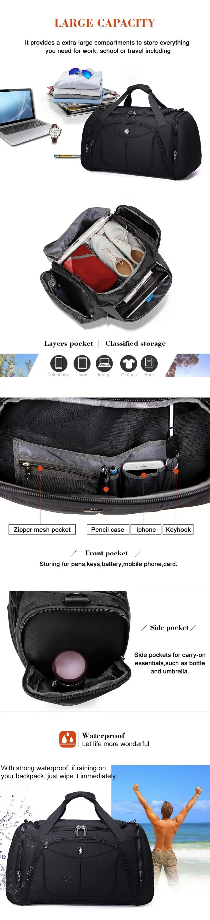 Fashion Design high capacity custom black sport duffel travel hand bag