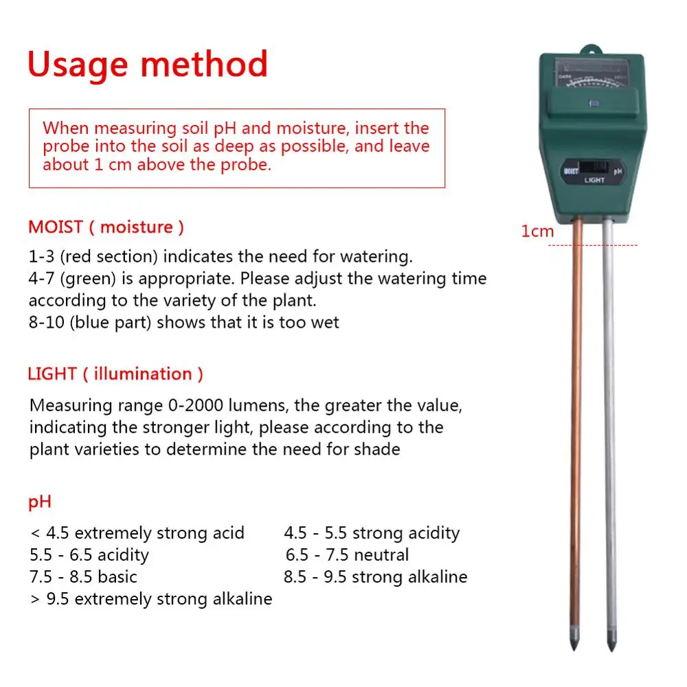 Soil Meter 3 in 1 Moisture and PH Soil Sensor PH and sunlight meter Plant Flowers Gardening monitor