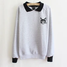 Hot Women Lapel Neck Pullover Sweatshirt Cat Printed Loose Blouse Coat Free shipping Dropshipping