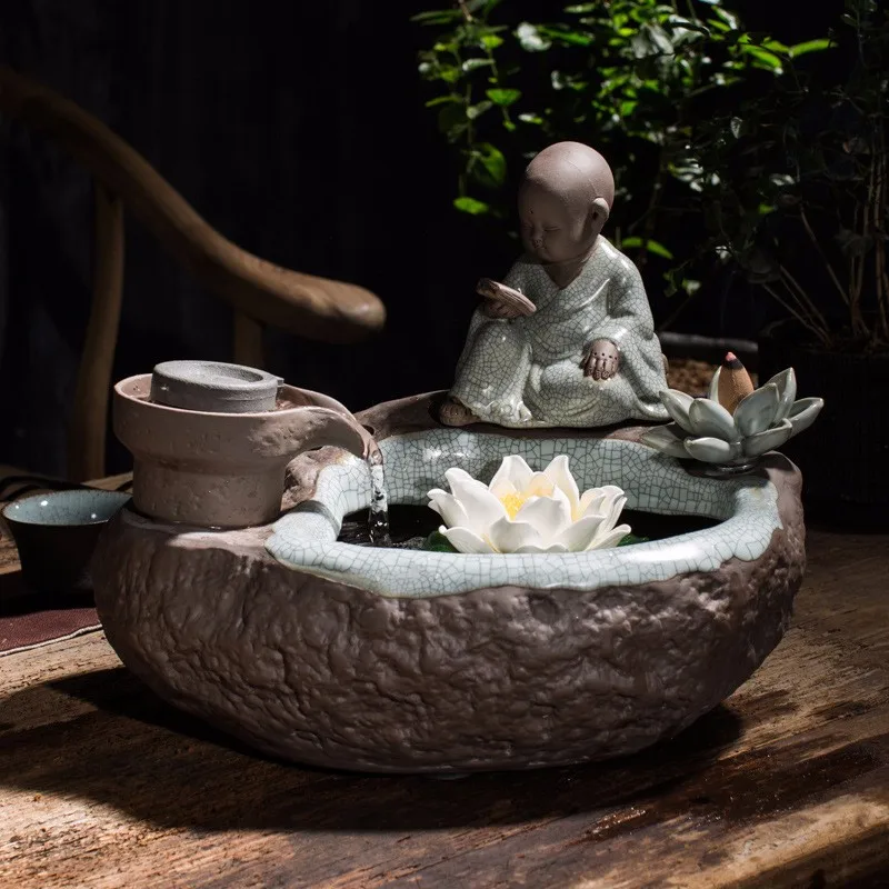 Ceramic Little Reading Monk Fountain Water Features Feng Shui Wheel ...