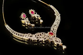 Indian Cubic Zircon Bridal Jewelry Imitation Jewellery Whole American Diamond Necklace Set Cz Bollywood Heavy Indian Cubic Zircon Bridal Jewelry Imitation Jewellery Whole American Diamond Necklace Set Cz Bollywood Heavy