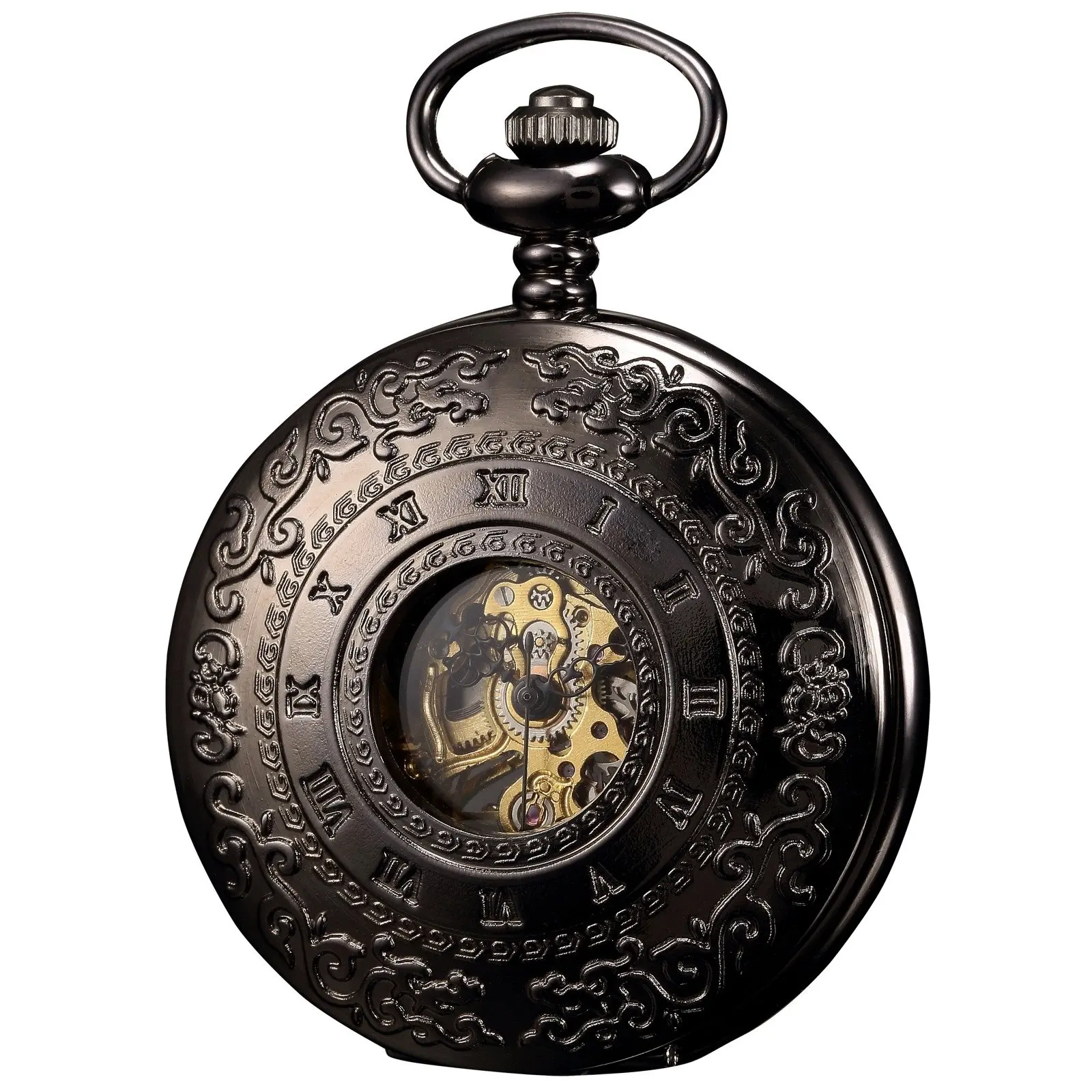 ++CANALOHA:)++ KS Half Hunter Black Engraving Case Men's Gift Pocket Watch with Chain