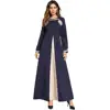 fashion elegant navy blue color long sleeve big pendulum type false two piece muslim women dress
