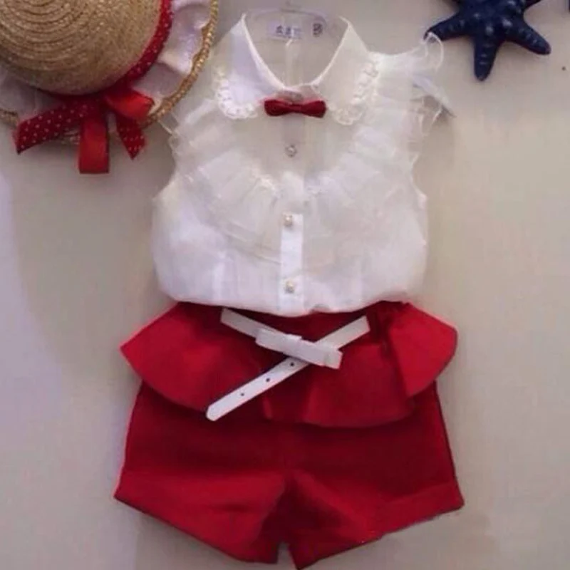 new 2015 Summer fashion Girl lace white blouses red shorts clothing set twinset