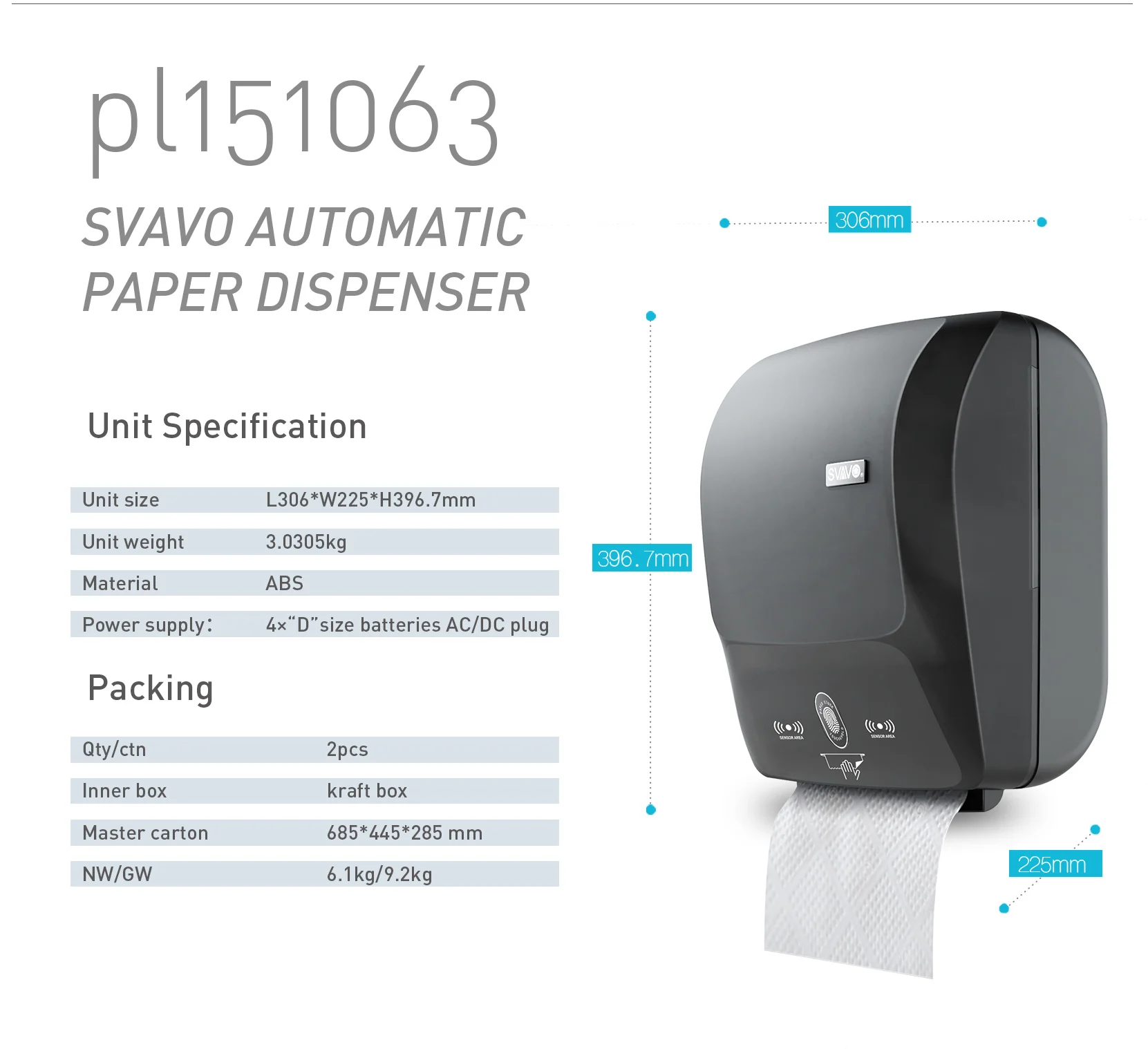 Plastic Abs Automatic Tissue Dispenser Electric Sensor Paper Dispenser