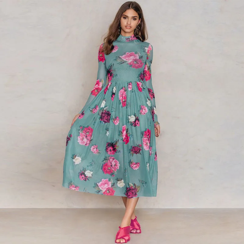 Romantic Flower Print Floral Mesh Dress Mock Neck Long Sleeve Fancy Woman Dress - Buy Floral 