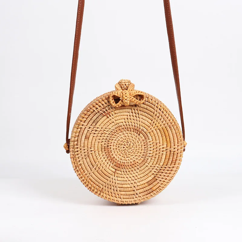 Bali Rattan Bag Round Handwoven Crossbody Purse For Women With Linen