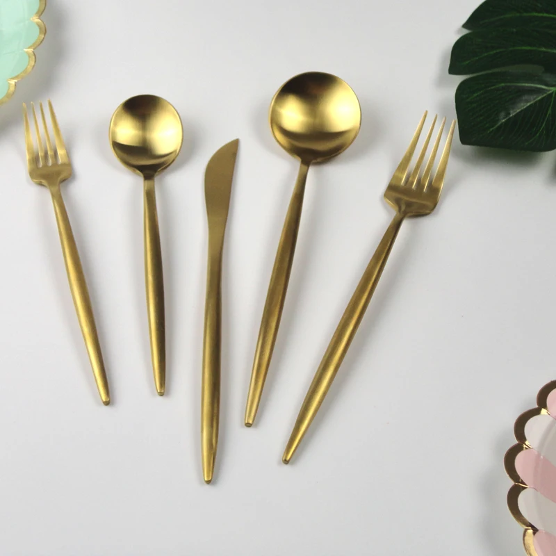 Matte Gold Cutlery Sets European Style Golden Plated Fkatware Set With 