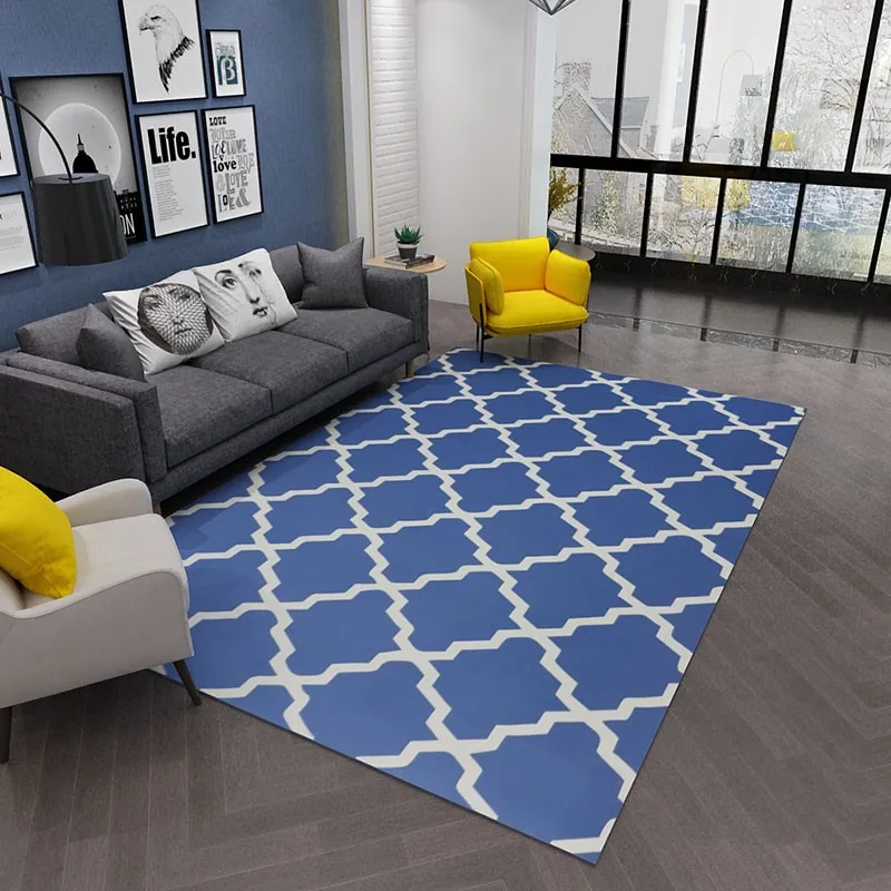 Blue Color Geometric Pattern Carpet Antislip Durable Cut Pile Carpet