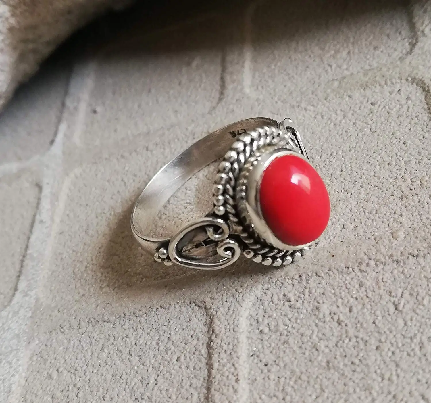 Mediterranean Coral Womens Ring Red Coral Ring Red ring Red Bead Ring Handmade Ring Bezel ring 925 Silver Ring Simple Ring Silver