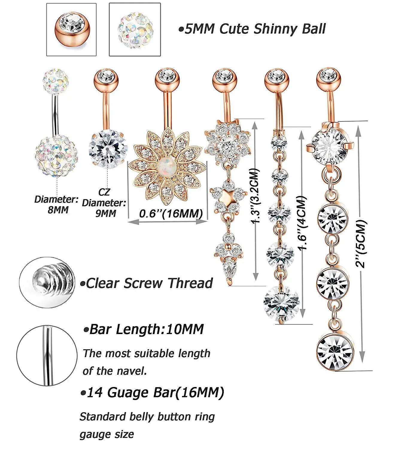 2023 316l Surgical Steel Rose Gold Belly Piercing Sexy Body Jewelry