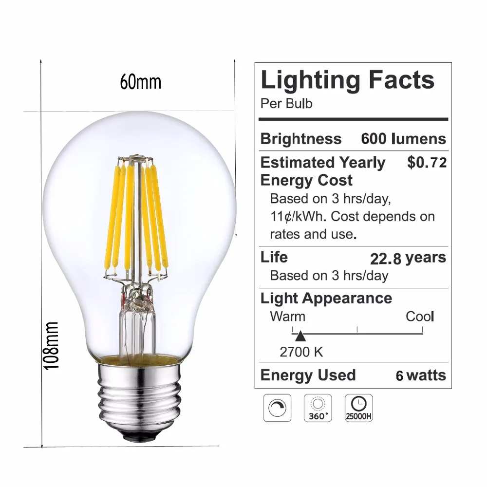 A19 G16.5 St21 4w 6w Dimmable Led Filament Bulb With Doe Ul - Buy A19
