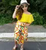 2019 new summer girls yellow tassel off shoulder top tshirt & kids flower print shorts skirt 2pc set 1-6years free ship