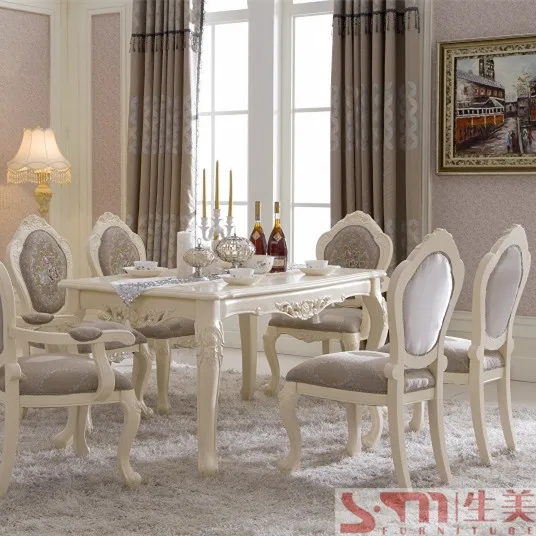 French Style Royal White Color Luxury Wooden Dining Table And