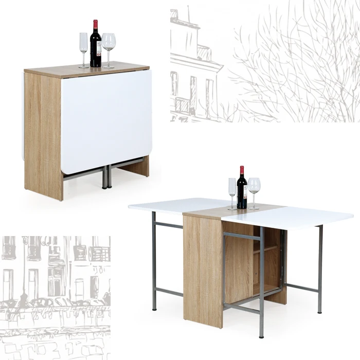 Unique design hot modern home dinner folding foldable collapsible wooden dining table set space saving with inner cabinet 