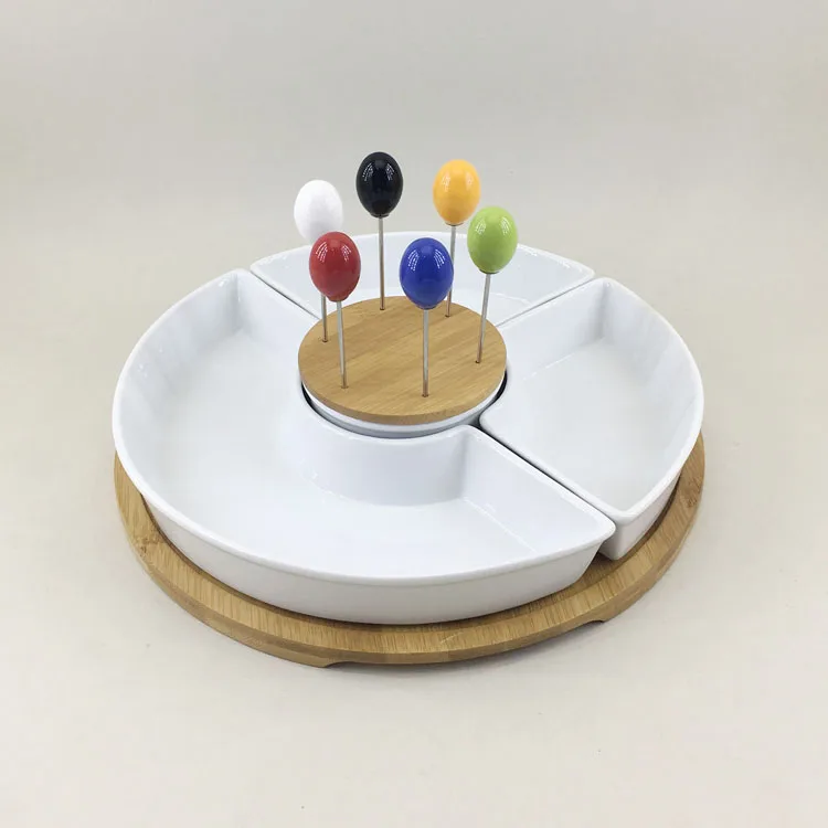 Tableware revolving divided white round shape ceramic tapas serving dishes dish set with lazy susan 
