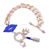 Girls Favorite Things Crystal Lip Crown Chunky Charm Toggle Chain Bracelet