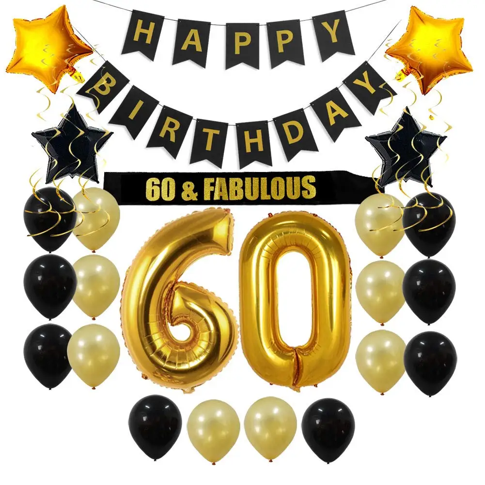 Sash Banner Gold Number Black Balloons Sparkling Hanging Swirls,60st ...