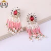 ELX-01082 wholesale latest pink handmade crystal earrings beads with fake pearl crystal tassel earrings ruby earrings