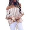 fashion summer irregular striped shirt casual Flare sleeve ladies Blouse hem knot Off Shoulder Elegant Female Tops 30% off