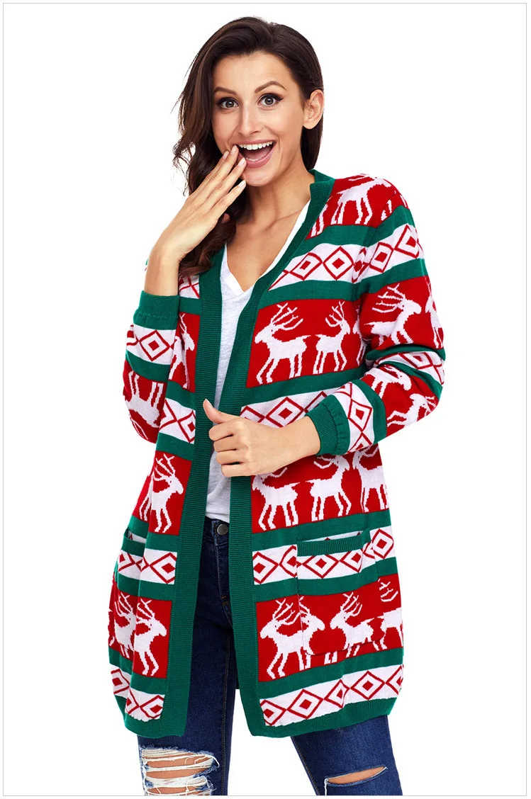 Winter Christmas Long Sleeve Cardigan Sweater For Women Fawn Pattern