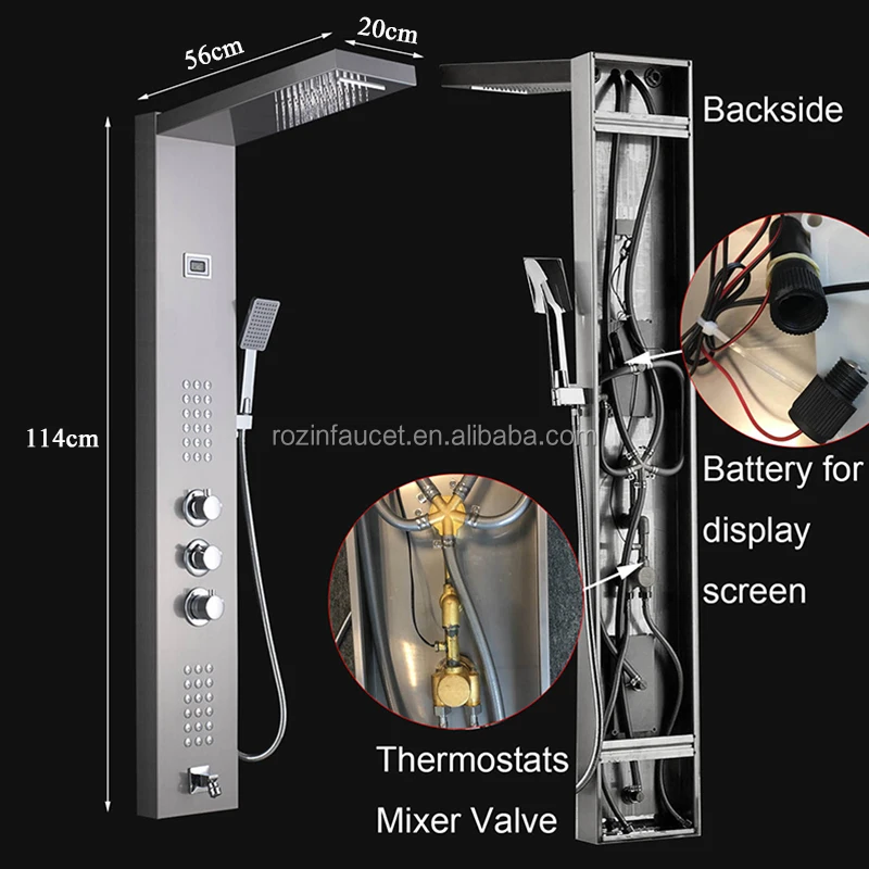 Black Thermostatic Digital Shower Panel Faucets Column Rain Waterfall