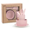 6PCS Customized Logo Baby Kids Cartoon Wheat Straw Tableware Feeding Dishes Children Bowl Plate Dinner Set Dinnerware