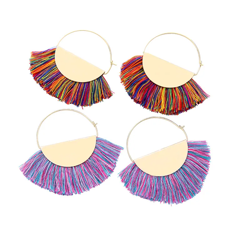 New Arrival Gold Plated Bohemian Handmade Fan Shape Thread Tassel Drop Hoop Earrings