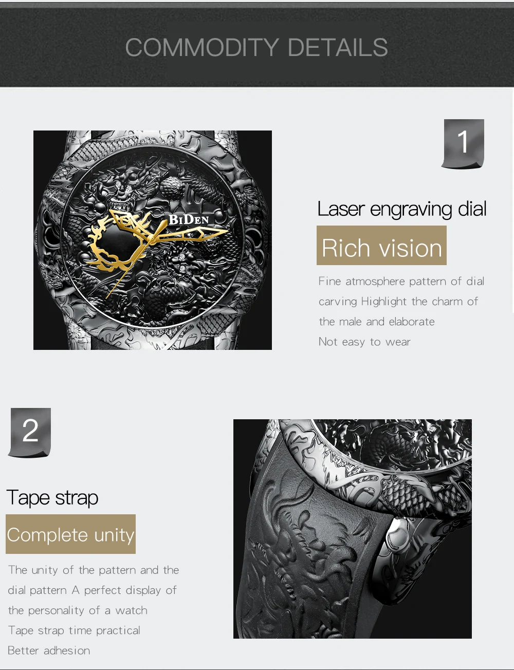 Biden 0129 New Fashion 3D Sculpture Dragon Men Japan Movement Quartz Watches Gold Big Dial Exquisite Relief Creative Clock