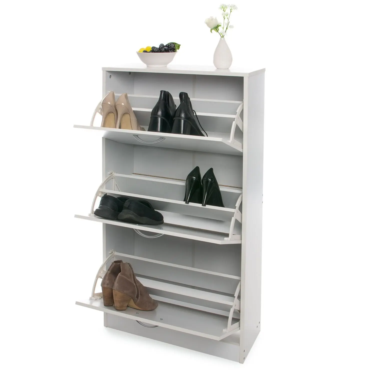 Home Discount 3 Drawer Shoe Cabinet Cupboard Shoe Storage Organiser Pull Down Wooden Furniture Unit Walnut & White 