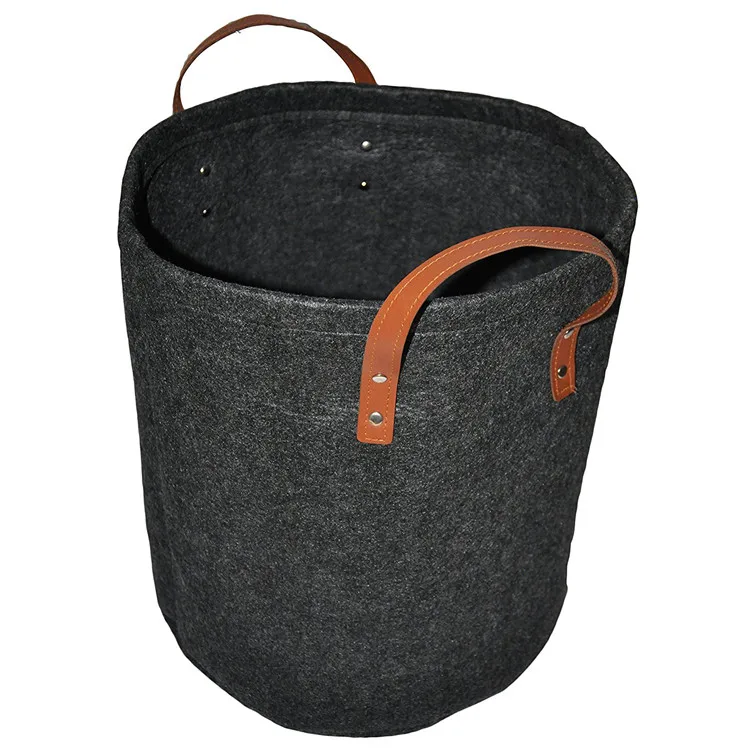 Home Folding Box Round Dark Grey Leather Handle Felt Bucket Bins Storage Baskets Organizers