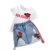 Kids Clothes White T-shirt Denim Skirt 2pcs Girls Suits Casual Little Girl Outfits Letter Flower Children Sets
