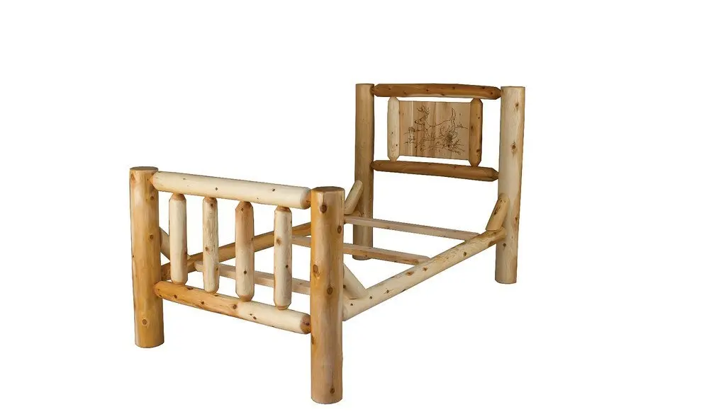 Rustic White Cedar Log Bed With Wood Burn Headboard (Deer-Buck)- Queen