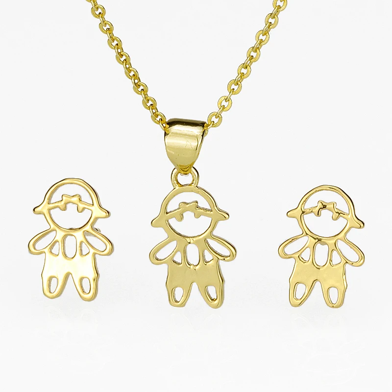 Children's Little Boy Glossy Pendant Necklace Stud Earrings Jewelry Set Accessory Buy Gold