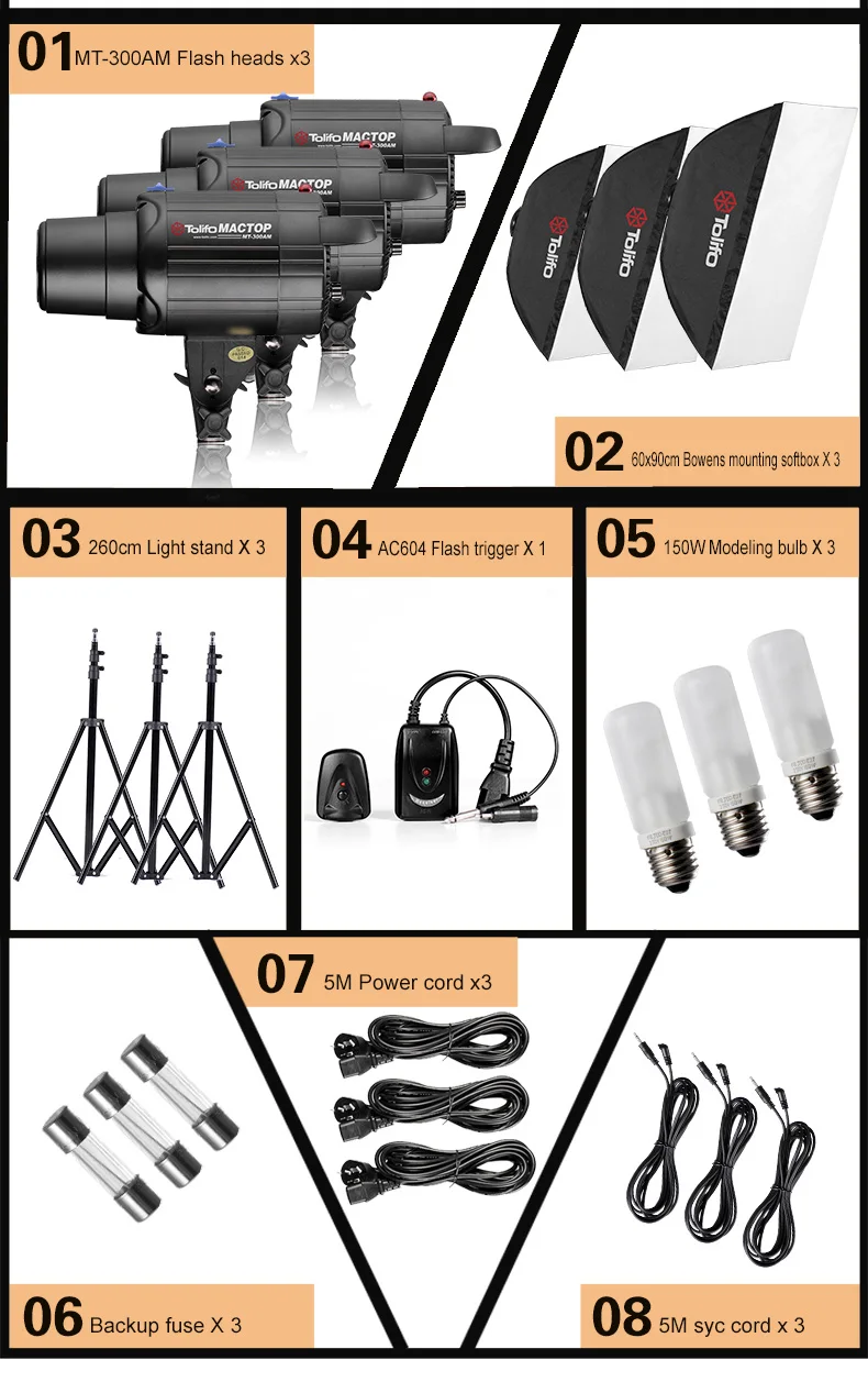 Tolifo Mactop Series MT-300AM Bowens Mounting Studio Flash Light kits