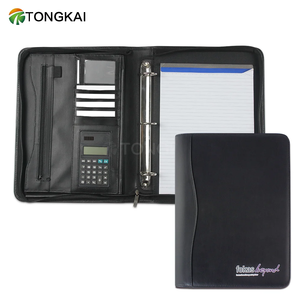 Custom Black Leather Organizer Binder Padfolio A4 Loose Leaf Folder
