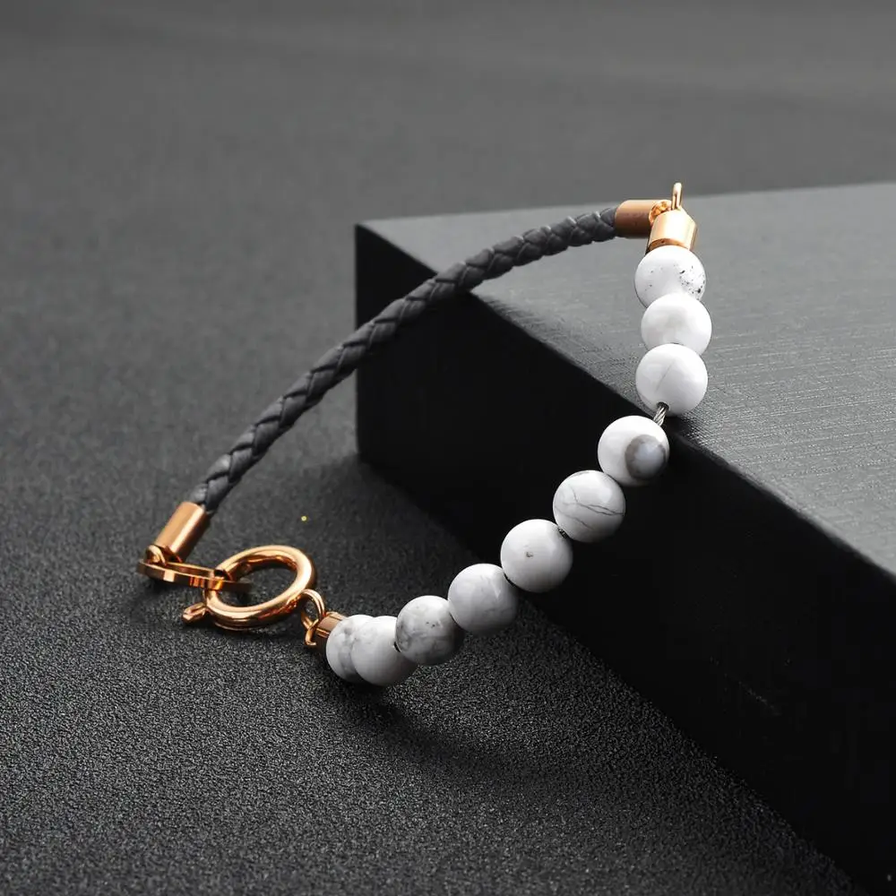 Ladies Fashion New Design Braided Black Leather Tiger Eye Stone Bead Gemstone Bracelet For Women