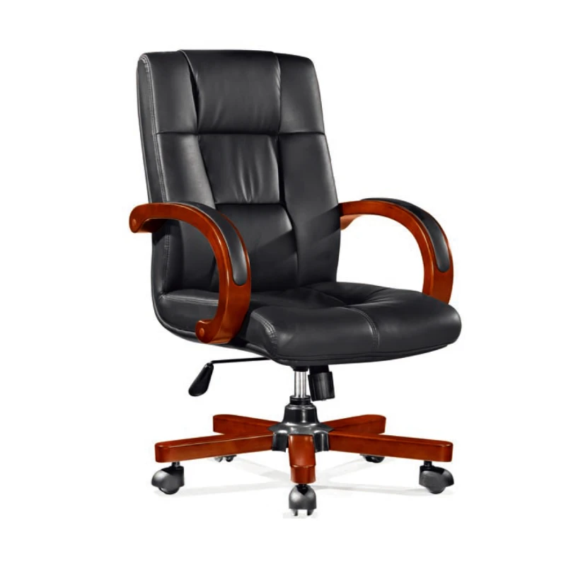 comfortable leather office chair with wooden base and arms