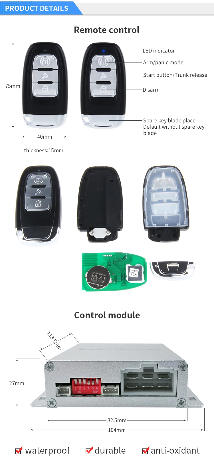 Rolling Code Pke Car Alarm Kit With Remote Engine Start Push Button